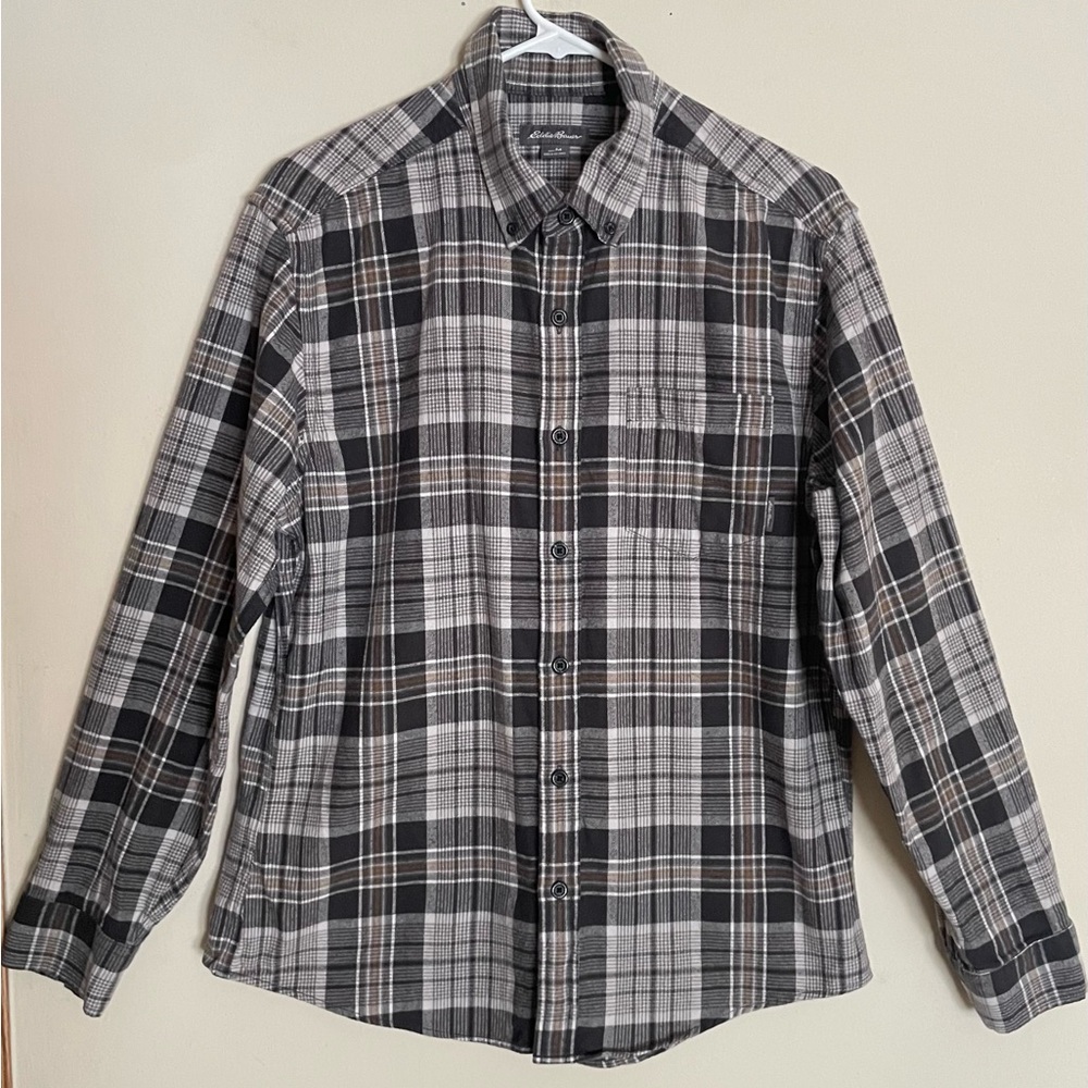 Men's Eddie Bauer Gray Plaid Flannel Button Down Shirt